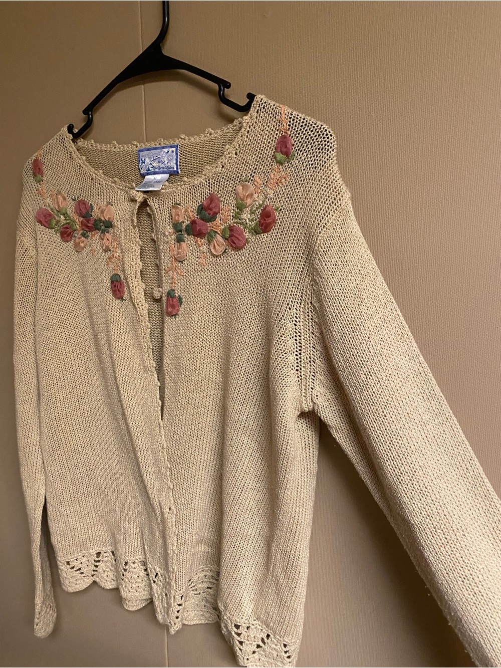 Vintage style Cream Knit Cardigan with Pink & Green Ribbon Embroidery